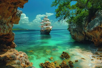 A large pirate ship, with sails unfurled, anchors in a tranquil Caribbean cove surrounded by lush...