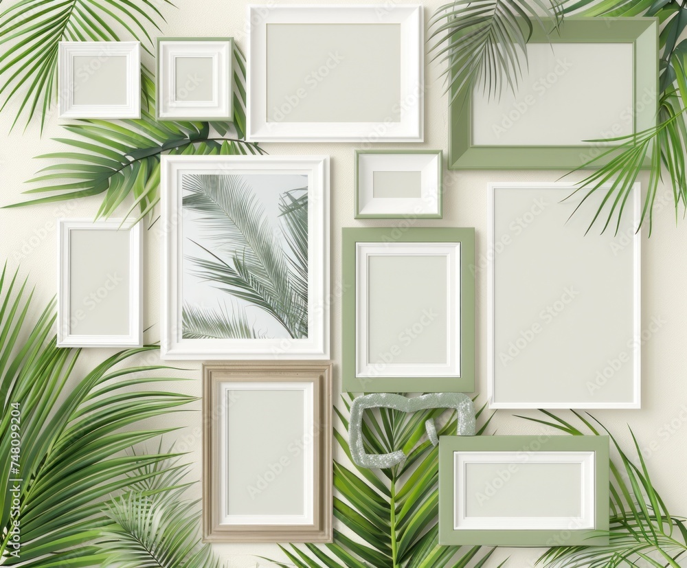 Poster a collection of empty white picture frames of various sizes arranged haphazardly on a bed of lush tr