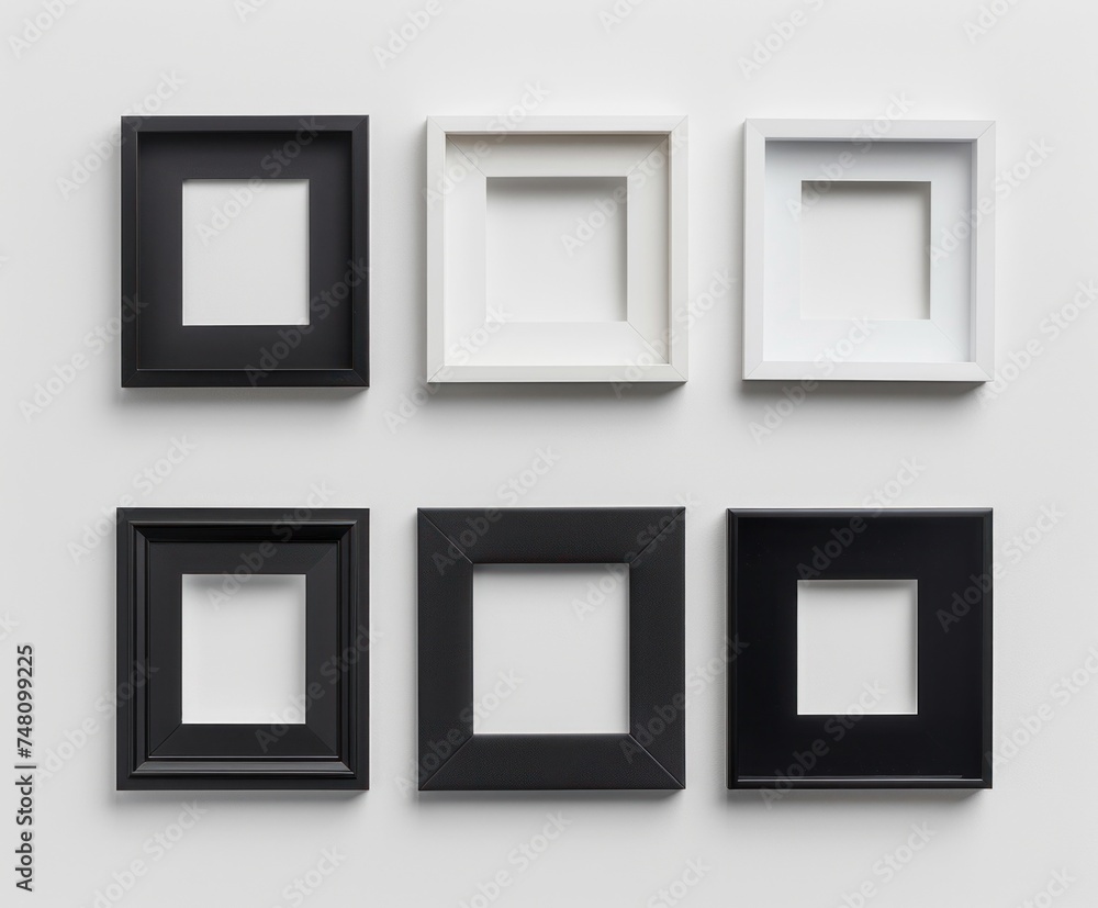 Poster a collection of black and white picture frames arranged neatly against a white backdrop, showcasing 