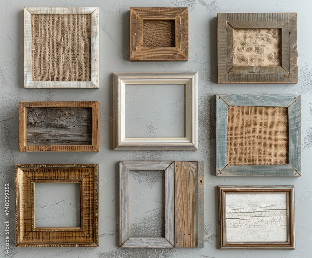 Poster a collection of empty picture frames with varying textures and materials is carefully arranged in an