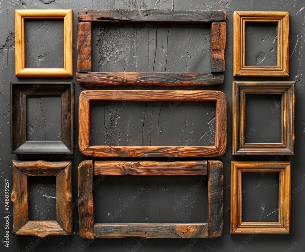 Poster various wooden frames are neatly arranged on top of a wall in a flat lay style, creating a chaotic y