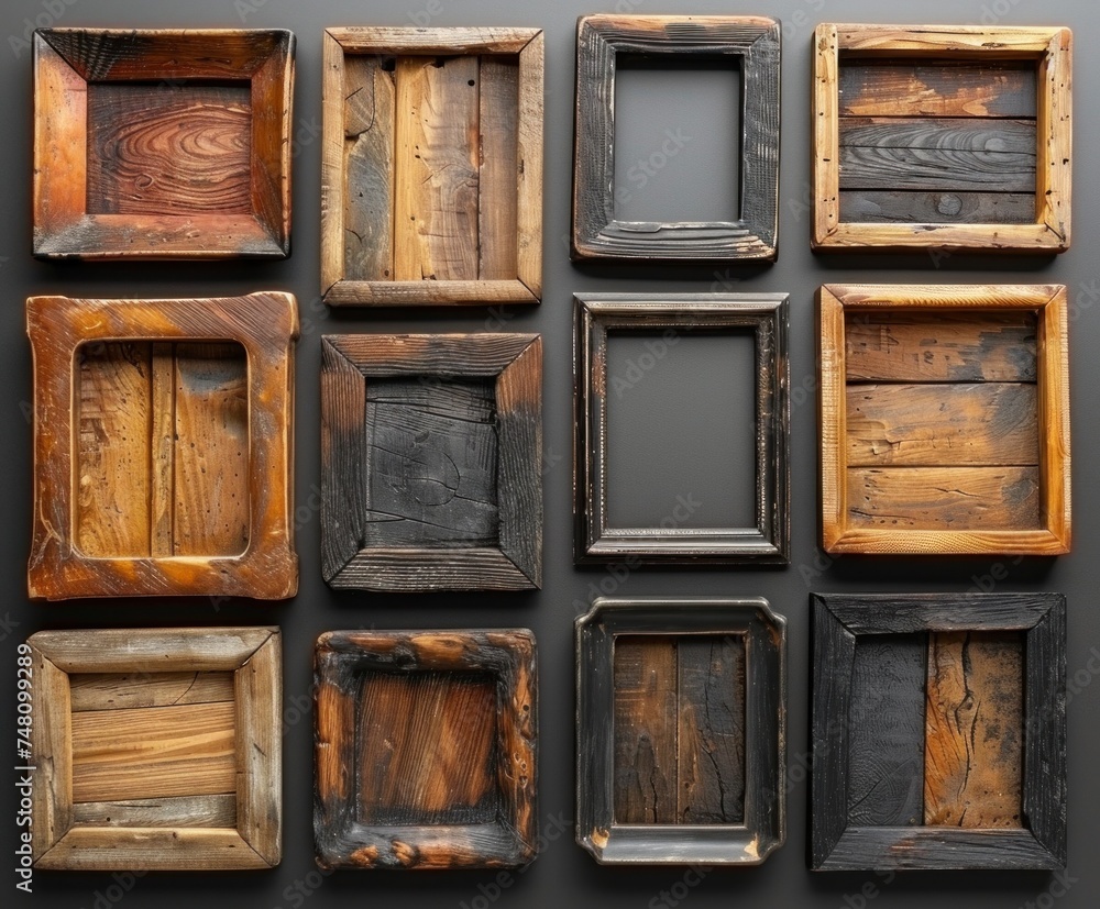 Poster various wooden frames are neatly arranged on top of a wall in a flat lay style, creating a chaotic y