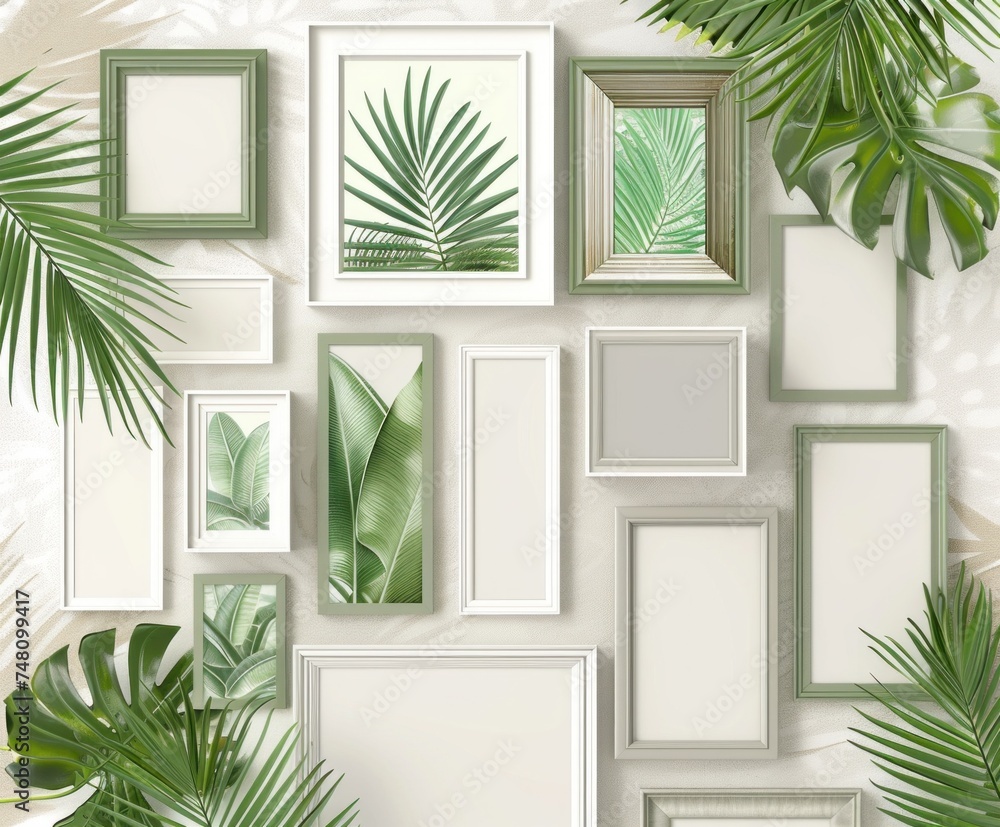 Poster a collection of empty white picture frames of various sizes arranged haphazardly on a bed of lush tr