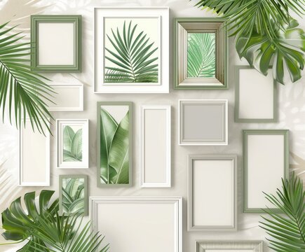 A collection of empty white picture frames of various sizes arranged haphazardly on a bed of lush tropical leaves.
