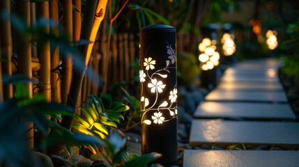 A row of solar garden lights each with a unique design on the casing illuminating a winding garden path.