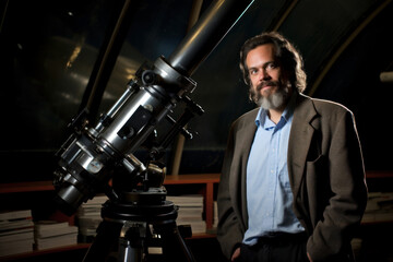 Fototapeta na wymiar An astrophysics professor stands next to a telescope.