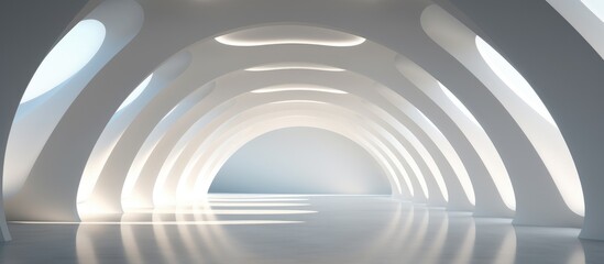 Fototapeta premium A white tunnel illuminated by a bright light at the far end, creating a striking visual effect. The light draws the viewers eye through the tunnel towards the unknown beyond.