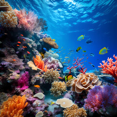 Naklejka na ściany i meble A vibrant coral reef with diverse marine life.