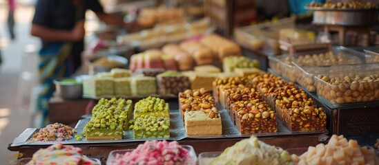 Fototapeta premium A display case filled with a variety of colorful desserts such as cakes, pastries, tarts, and cookies. Each dessert is meticulously arranged, showcasing a wide selection of sweet treats available for