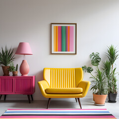 Retro Scandinavian pink sideboard, colorful, yellow armchair, modern, plant, cactus, pink table lamp, modern rug, photo frame mockup, decorations, commode, mockup