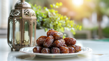 a plate of dates and a lantern on white table. ramadan kareem holiday celebration concept - obrazy, fototapety, plakaty