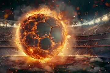 Soccer ball ablaze with fiery flames soaring above vibrant stadium - obrazy, fototapety, plakaty