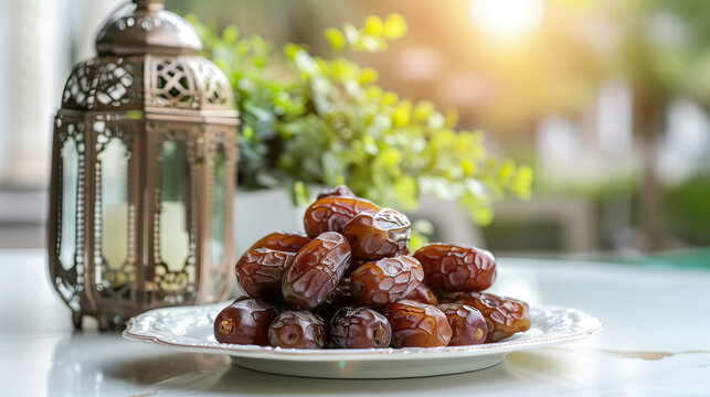 a plate of dates and a lantern on white table. ramadan kareem holiday celebration concept