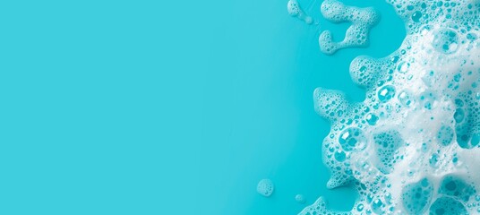 washroom background with foam and bubbles, on a blue bathroom surface, horizontal wallpaper wellnes, refreshment and cosmetics concept, copy space for text - obrazy, fototapety, plakaty