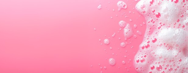 washroom background with foam and bubbles, on a pink bathroom surface, horizontal wallpaper wellnes, refreshment and cosmetics concept, copy space for text - obrazy, fototapety, plakaty