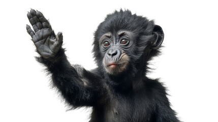 A striking portrait of a Chimpanzee with its hand lifted upwards in a gesture, set on a white background