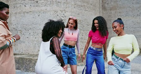 Friends, women and dance outdoor, energy and fun with gen z student group, celebration and social gathering. Happiness, dancer and diversity with excited people, music and entertainment at college