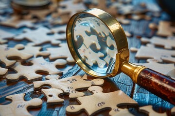 Recruitment concept magnifying glass zooms in on missing puzzle piece