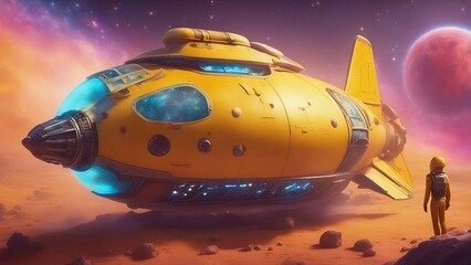 spaceship and space A colorful yellow spaceship with orange spots and a cylindrical body.  