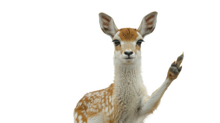 A cute baby gazelle raises its foreleg, mimicking a wave, against a white background with a playful expression