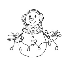 Snowman with scarf and garland isolated on white background. Winter line illustration drawn by hand.