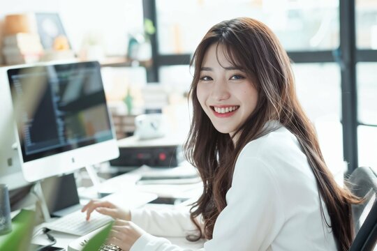 A photo of a young pretty smiling business woman working on her labtop in the office