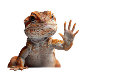 Adorable bearded dragon gecko with a lifted arm in a waving gesture on a white background