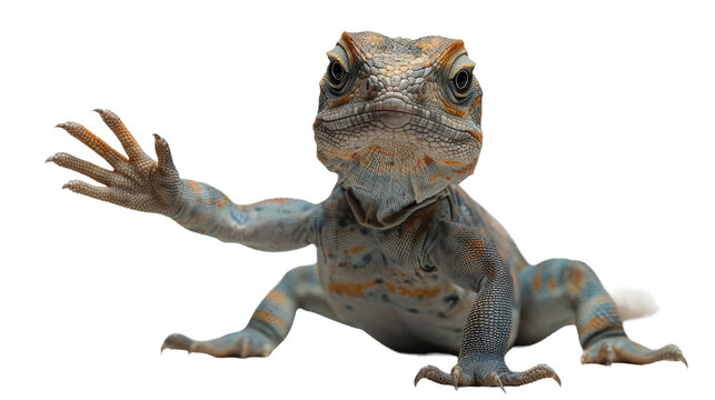 A realistic-looking lizard with a detailed scaly texture and captivating eyes, extending one claw outward