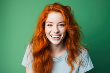 Fototapeta premium Portrait of young beautiful girl with red curly hair and snow-white smile laughs in T-shirt on bright green plain background. Human emotions, joy, laughter, happiness