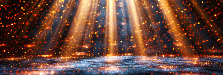 Magical Light Presentation, Shiny Bokeh and Sparkles on Dark Stage Background