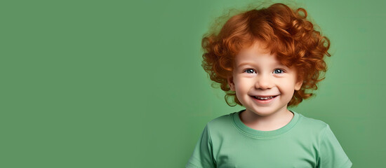 Cute handsome little todler boy with curly red hair and freckles wearing an green T-shirt on an plain green background. Place for text. Studio portrait of happy red-haired child - obrazy, fototapety, plakaty