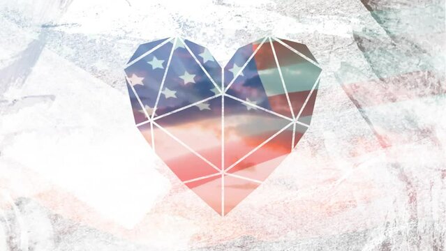Animation of diamond heart and paper texture over american flag and sunset sky