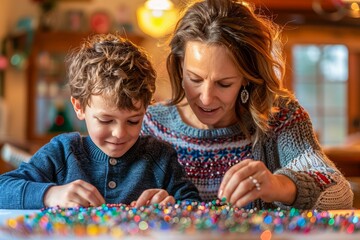Fototapeta premium Happy Mother and Son Crafting with Colorful Beads at Home, Family Hobby Time, Creative Indoor Activity