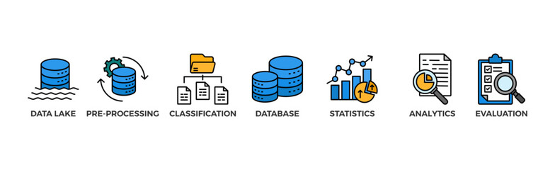 Data engineering banner web icon glyph silhouette with icon of data lake, pre-processing, classification, database, statistics, analytics and evaluation	