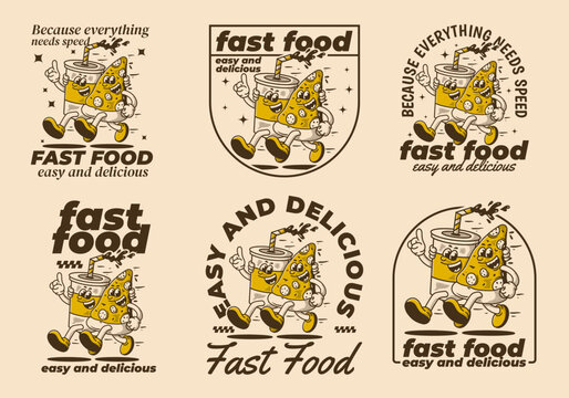 Fast food, easy and delicious. Character illustration of running pizza and soft drink