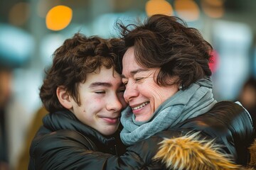Fototapeta premium Happy Mother Embracing Teen Son Lovingly with Warm Smiles and Affectionate Hug in Urban Setting