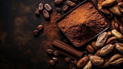 Ground cocoa in a bowl, cocoa beans, pods on a dark background, top view. A flavorful ingredient for making chocolate. Cocoa powder