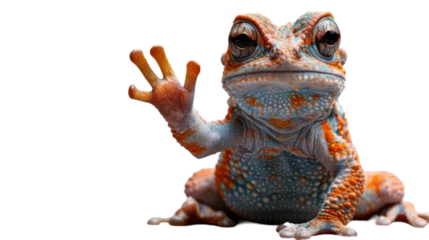 Foto op Canvas Exotic frog with textured skin and vivid colors, positioned as though raising its hand against a white background © Daniel