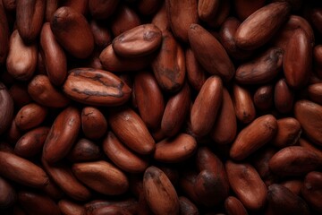 Fototapeta premium Cocoa background. Fragrant cocoa beans close-up top view. Roasted beans for making chocolate, pattern