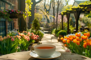 Tranquil Spring Morning with Cup of Tea in Blooming Garden, Sunlight Shining Through Trees on Floral Scenery