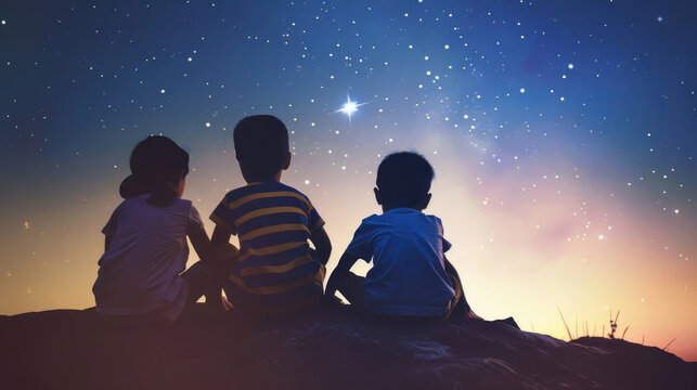Children watch starry sky. Kids silhouettes against stars background. Child play on hill at beautiful night while camping. Happy carefree childhood concept. Majestic glowing starlight. Fun adventure.
