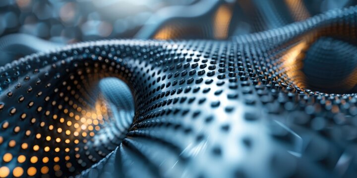 Abstract 3D digital background with flowing black and blue metallic grid pattern.