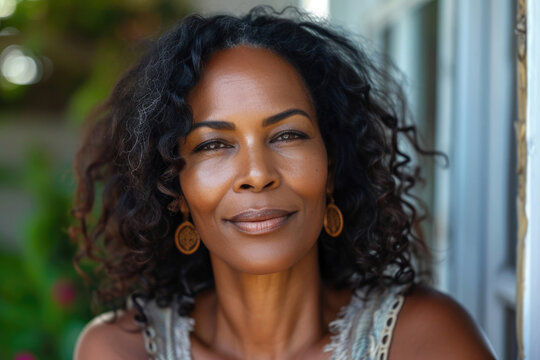 Portrait of middle aged African American woman with beautiful healthy skin. Beautiful happy woman 50-60 years old smiling.