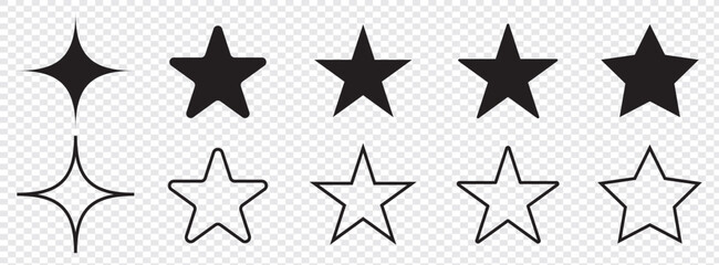 Obraz premium Minimal y2k star shapes. Set of 10 minimal icons in black and stock colors. Bauhaus inspired design elements. Futuristic composition in vector. Vector illustration&nbsp;in&nbsp;eps&nbsp;10.