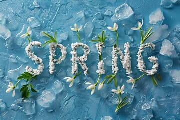 the inscription spring with flowers on ice - obrazy, fototapety, plakaty