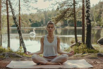 A woman sitting on a yoga mat in a forest, with a lake and a swan in the background, doing a lotus pose, with her eyes closed and a peaceful expression on her face