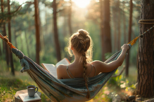 This image captures a woman reclining in a hammock in the woods, reading a book. The image highlights the serene and relaxing nature of reading and nature.