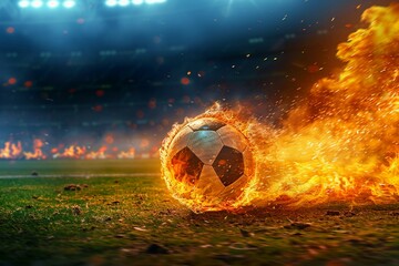 Fototapeta premium Fast moving soccer ball engulfed in flames races toward stadium field