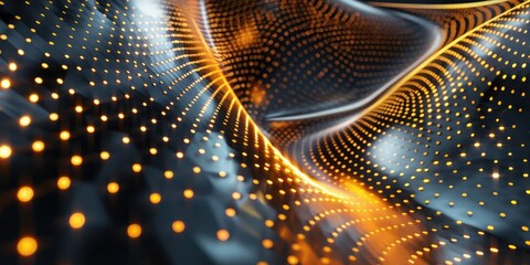 Abstract digital background with flowing golden particles and wave patterns on a dark backdrop.