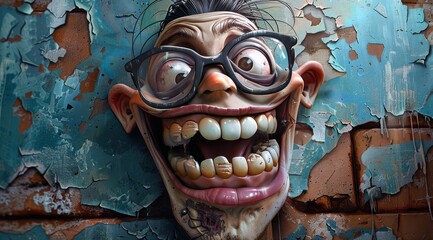 Personnage cartoon d'un horrible vieil homme, souriant. - obrazy, fototapety, plakaty